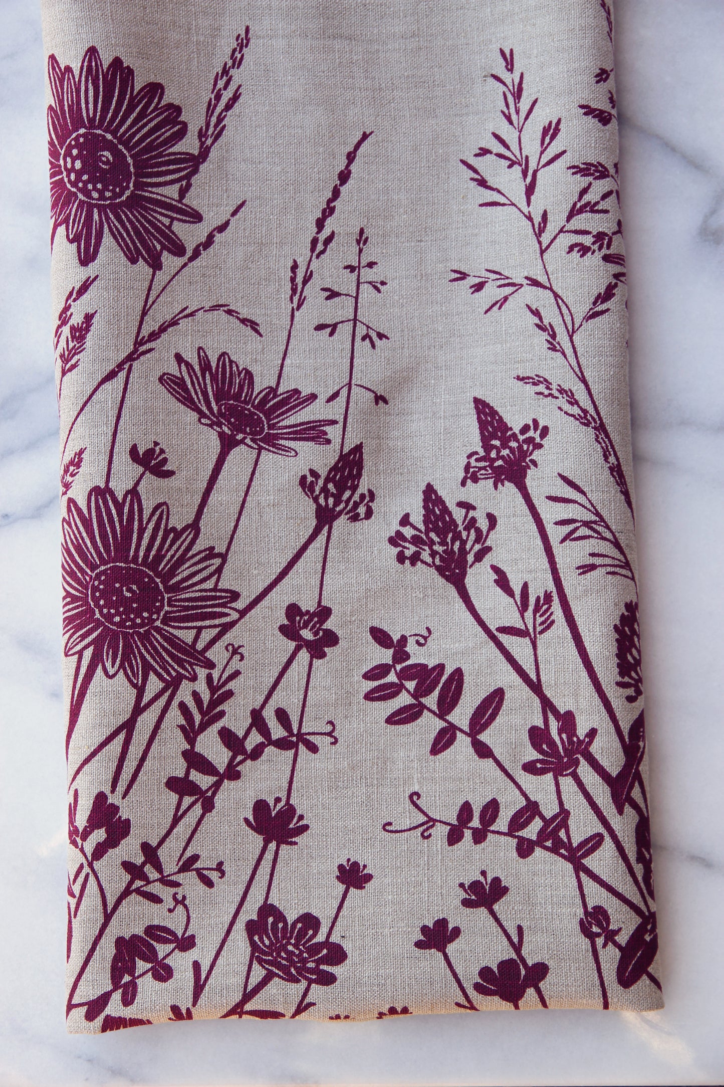 Springtime Wildflowers in Garnet on Natural Linen
