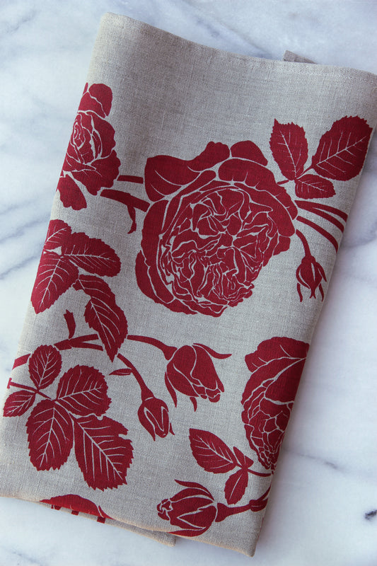 Garden Rose in Ladybug on Natural Linen