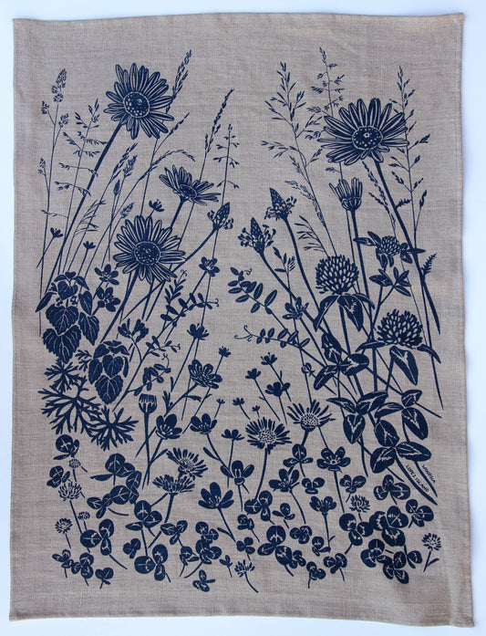 Springtime Wildflowers in Dusty Blue on Natural Linen