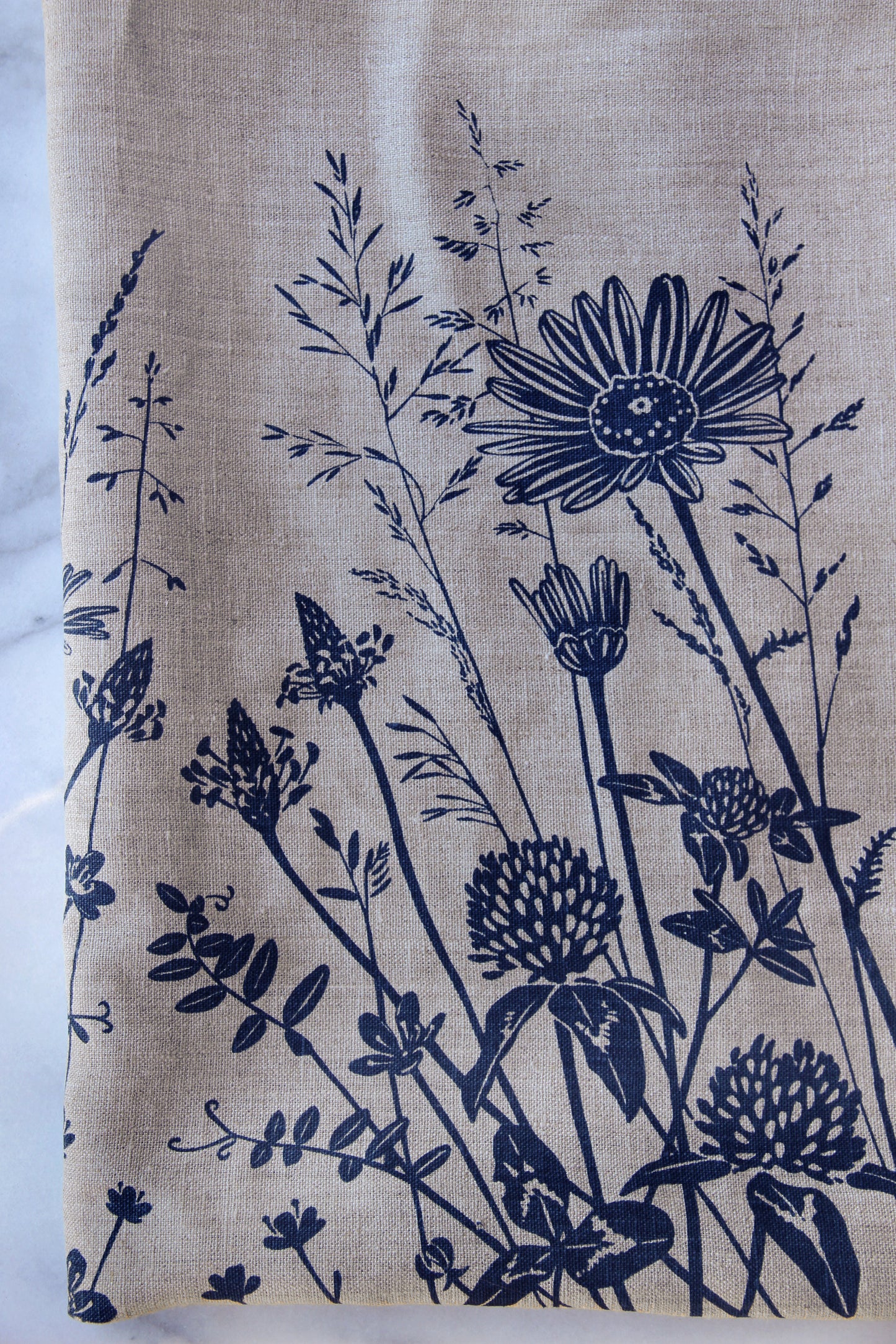 Springtime Wildflowers in Dusty Blue on Natural Linen