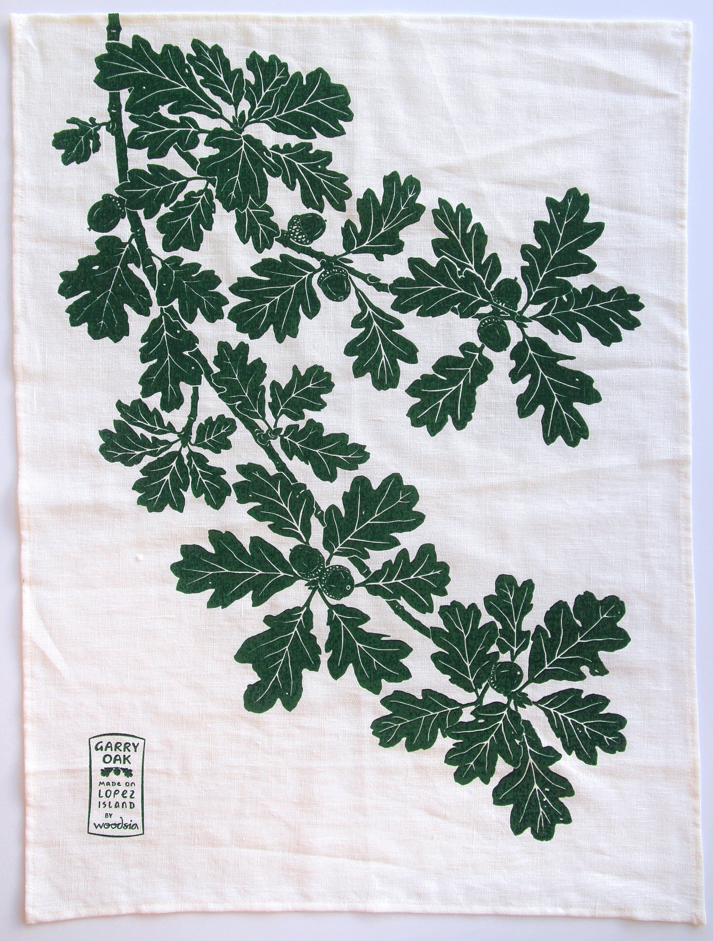 Garry Oak Kitchen Towel in Wintery Green on White Linen