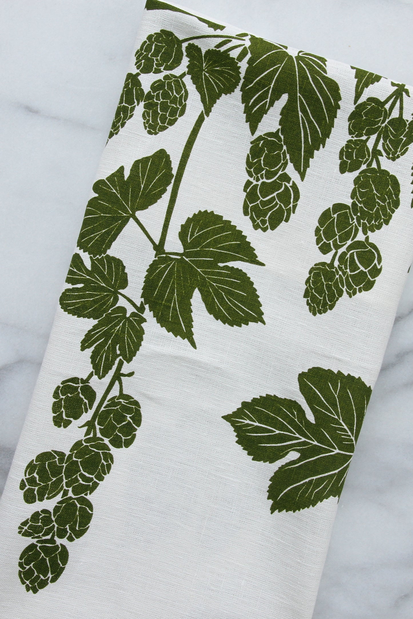 Hops Kitchen Towel in Spring Moss on White Linen