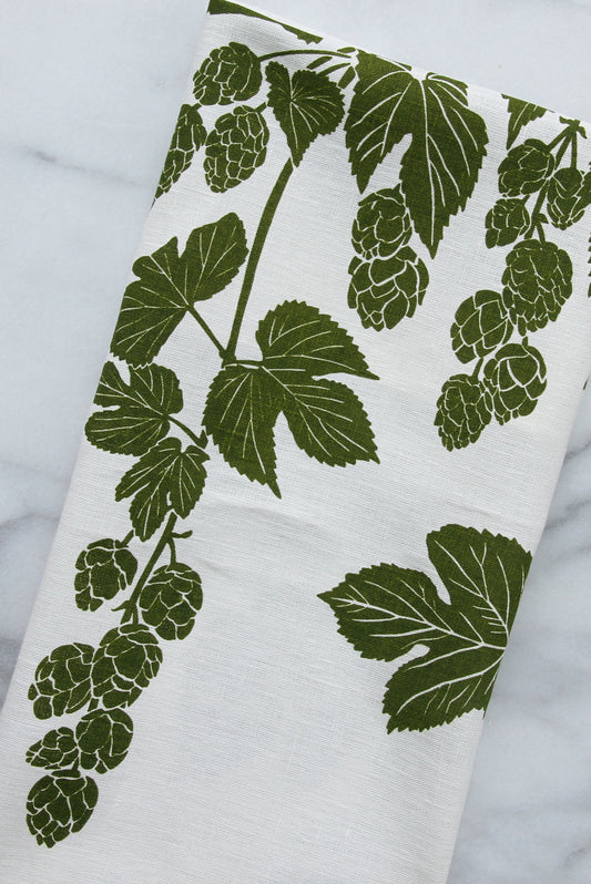 Hops Kitchen Towel in Spring Moss on White Linen