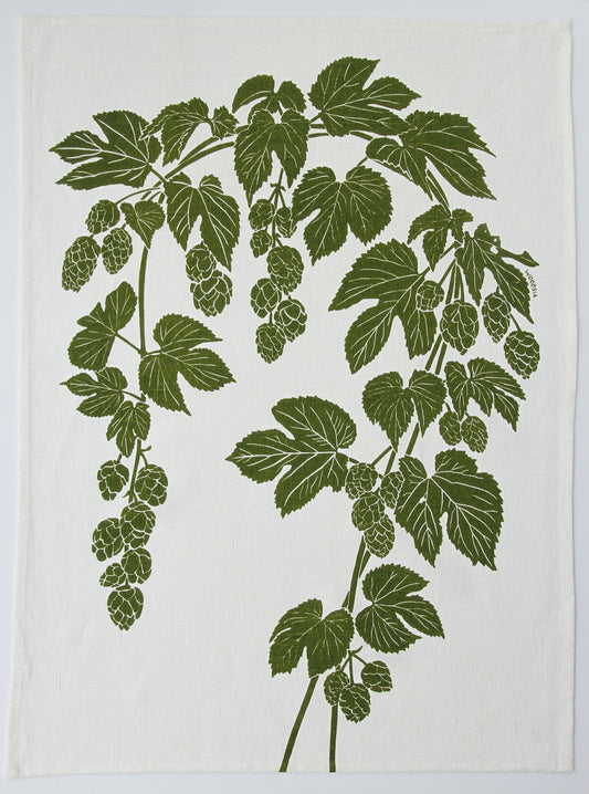 Hops Kitchen Towel in Spring Moss on White Linen