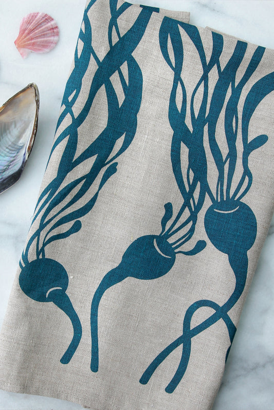 Kelp Kitchen Towel in Pool on Natural Linen