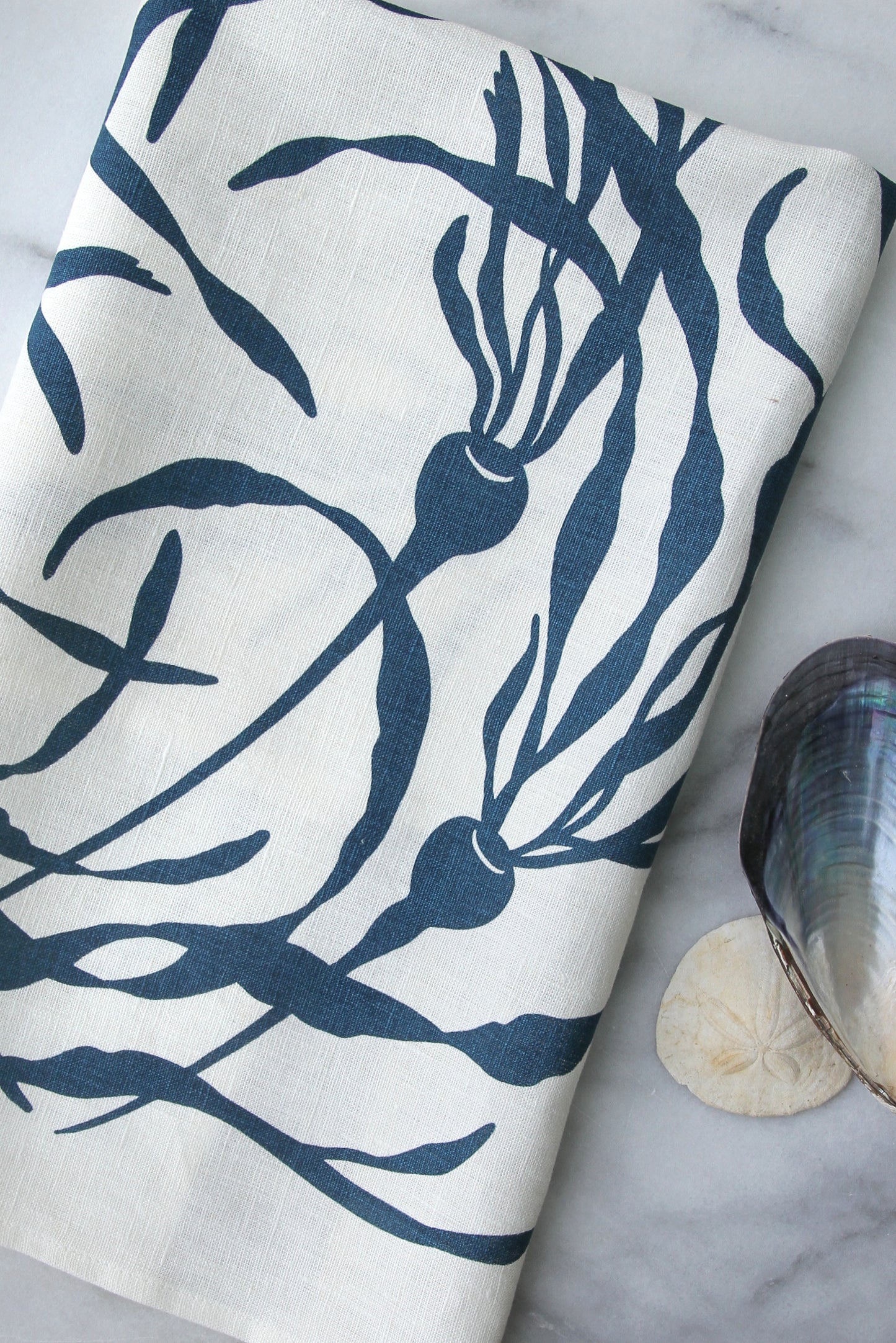 Kelp Swirly Kitchen Towel in Fog on White Linen