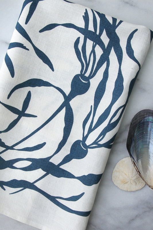 Kelp Swirly Kitchen Towel in Fog on White Linen