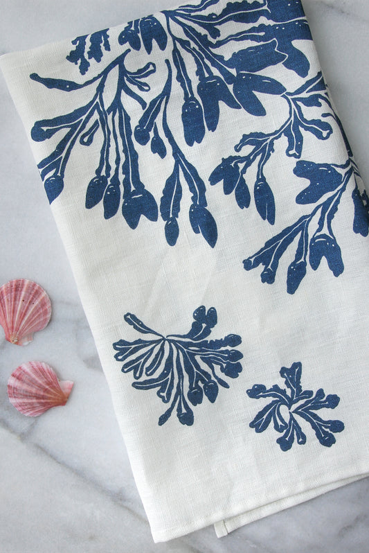 Seaweed Kitchen Towel in Fog on White Linen