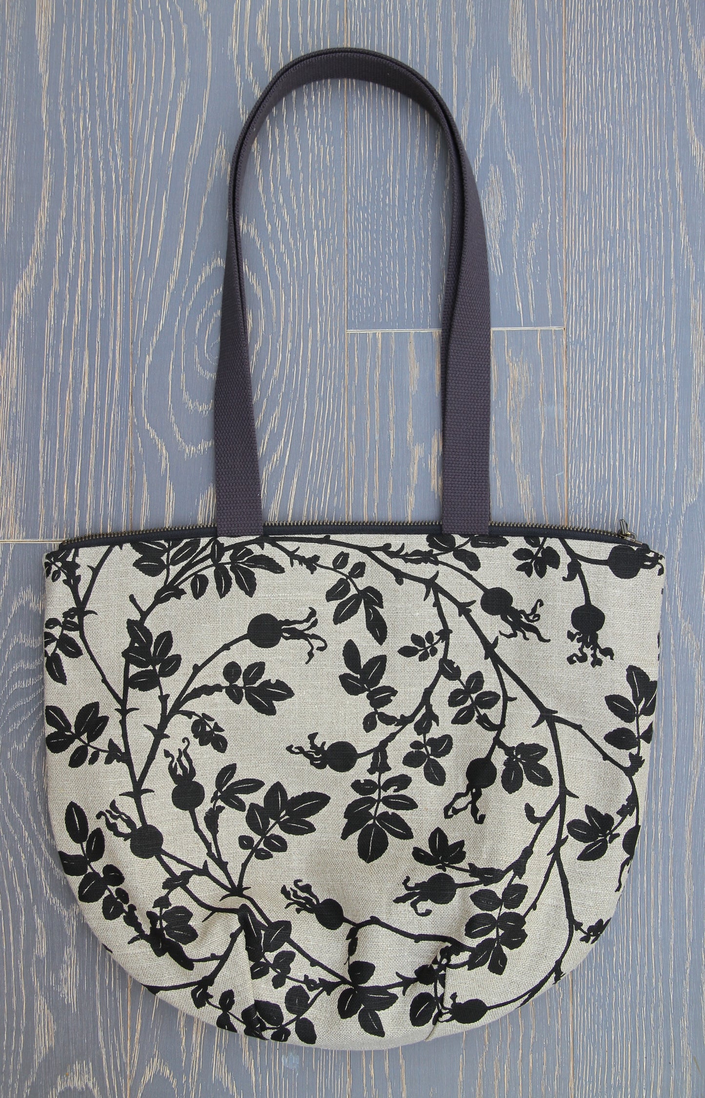 Nootka Rose Hip in Black with Charcoal Black Handles - Belgian Linen Tote with Zipper
