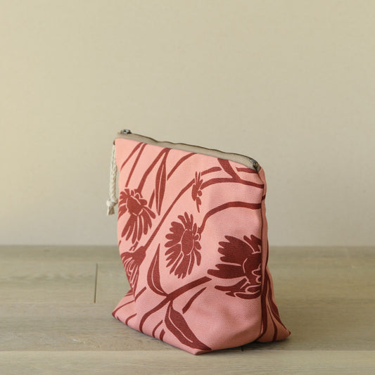 Supply Pouch - 9" Wild Daisy in Wine on Vintage Pink Canvas