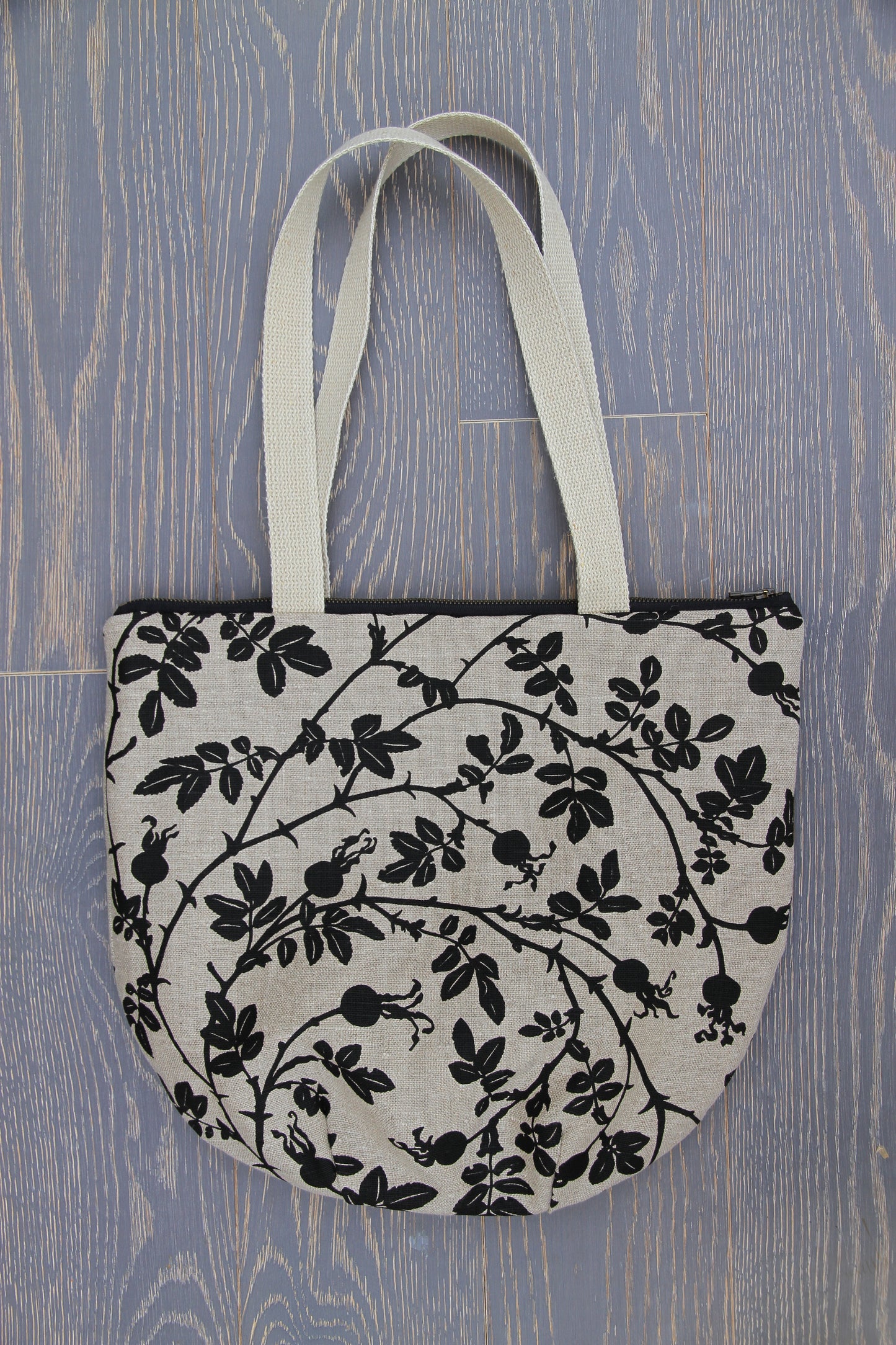 Nootka Rose in Black - Belgian Linen Tote with Zipper