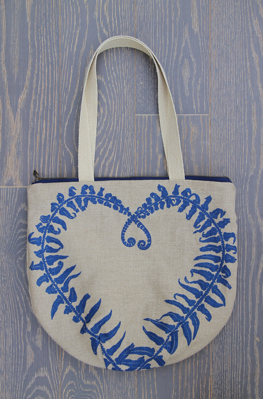 Sword Fern Heart in Clear Blue - Belgian Linen Tote with Zipper
