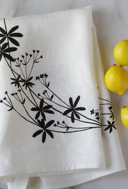 Bedstraw Kitchen Towel in Ink on White Linen