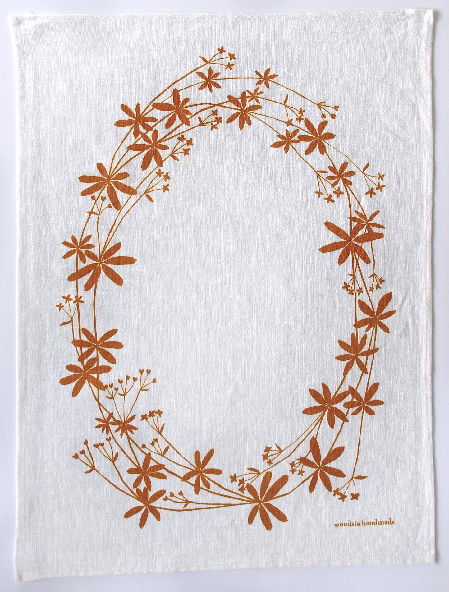 Bedstraw Kitchen Towel in Ochre on White Linen