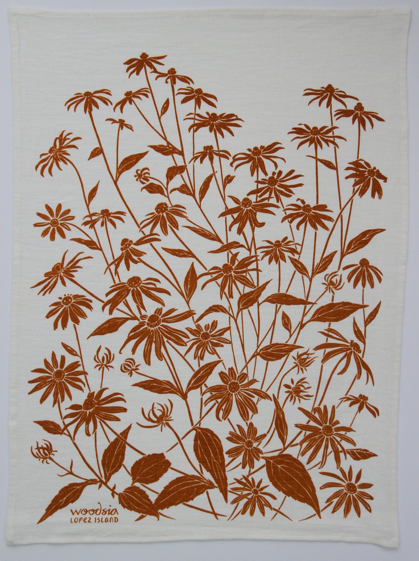 Black Eyed Susan Kitchen Towel in Cider on White Linen