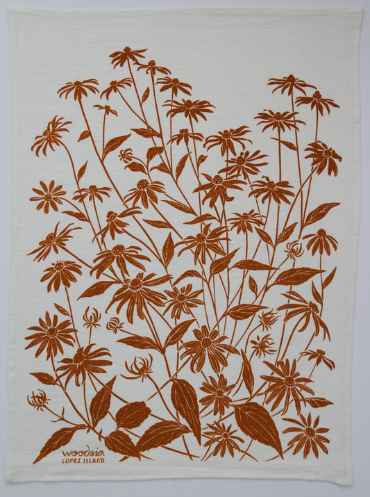 Black Eyed Susan Kitchen Towel in Cider on White Linen