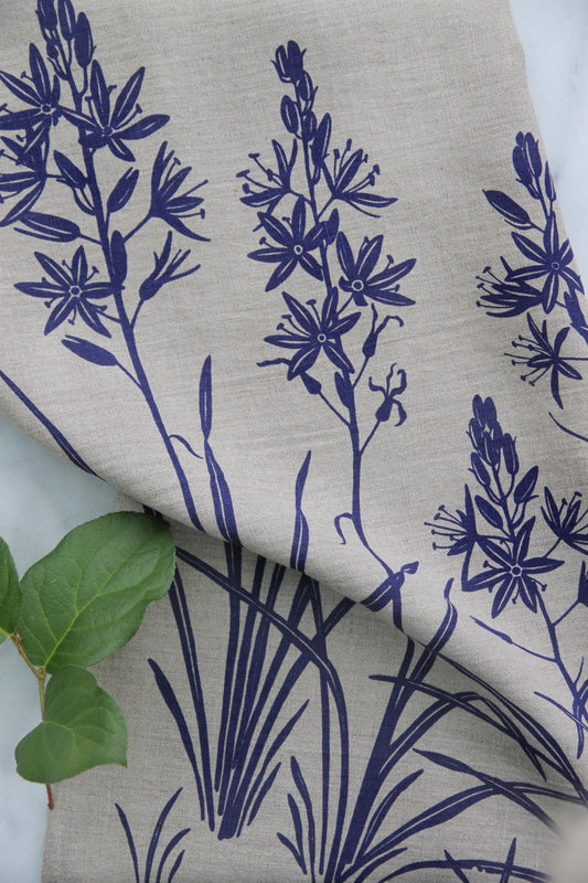 Camas Kitchen Towel in Purplish-Blue on Natural Linen
