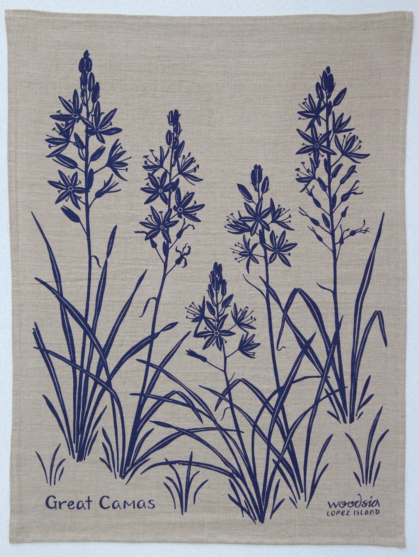 Camas Kitchen Towel in Purplish-Blue on Natural Linen