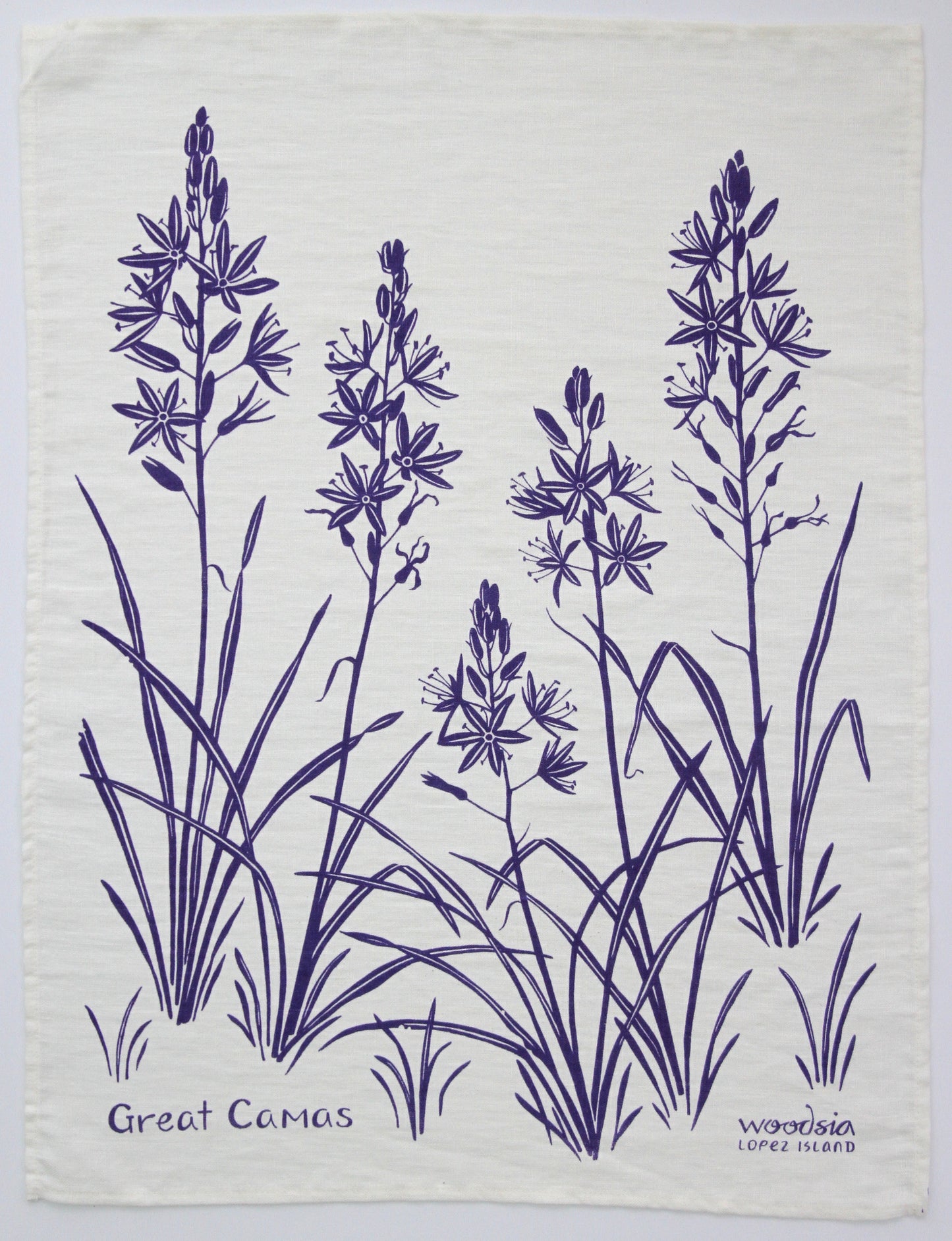 Camas Kitchen Towel in Purplish-Blue on White Linen