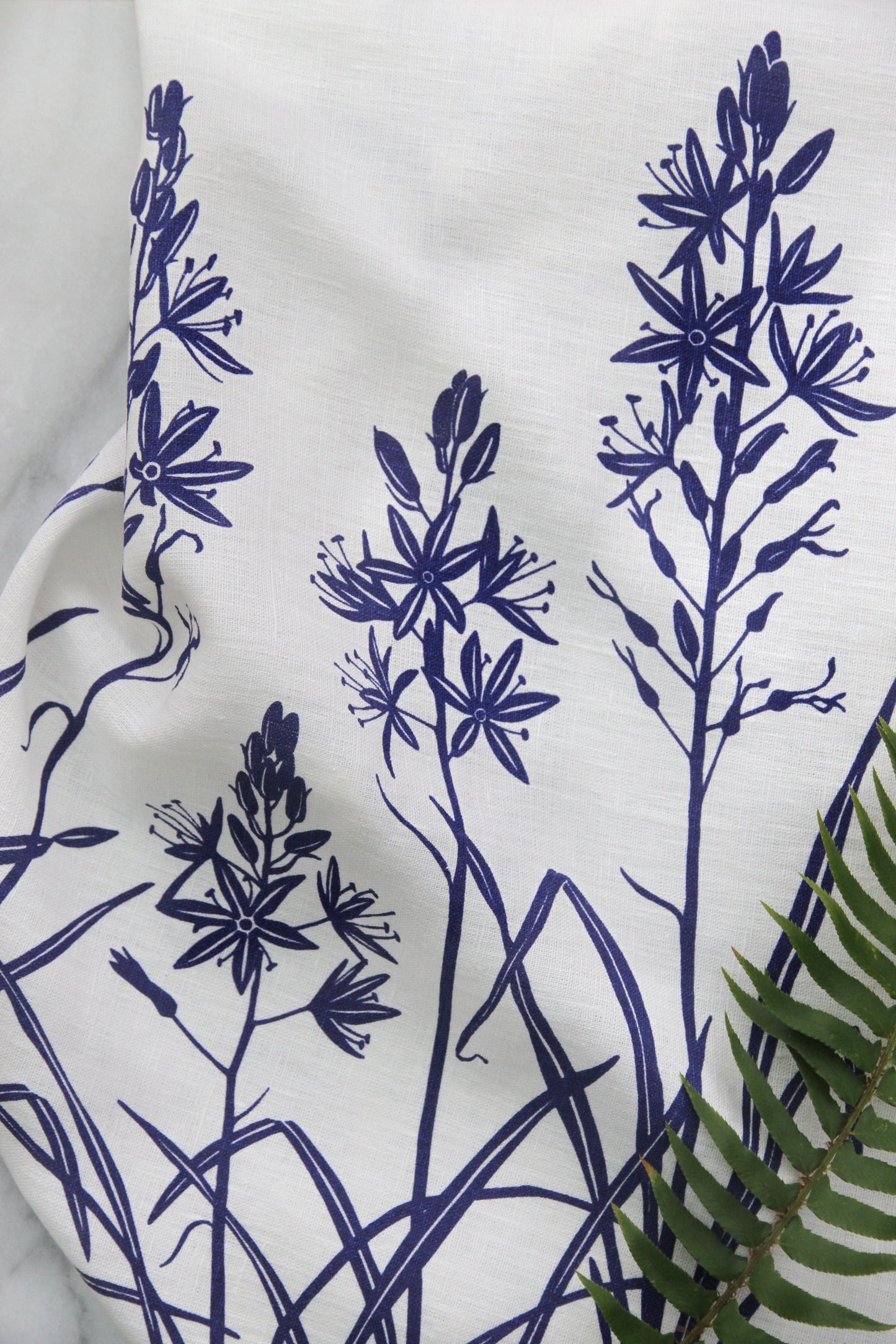 Camas Kitchen Towel in Purplish-Blue on White Linen