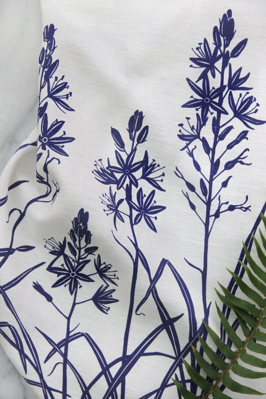 Camas Kitchen Towel in Purplish-Blue on White Linen