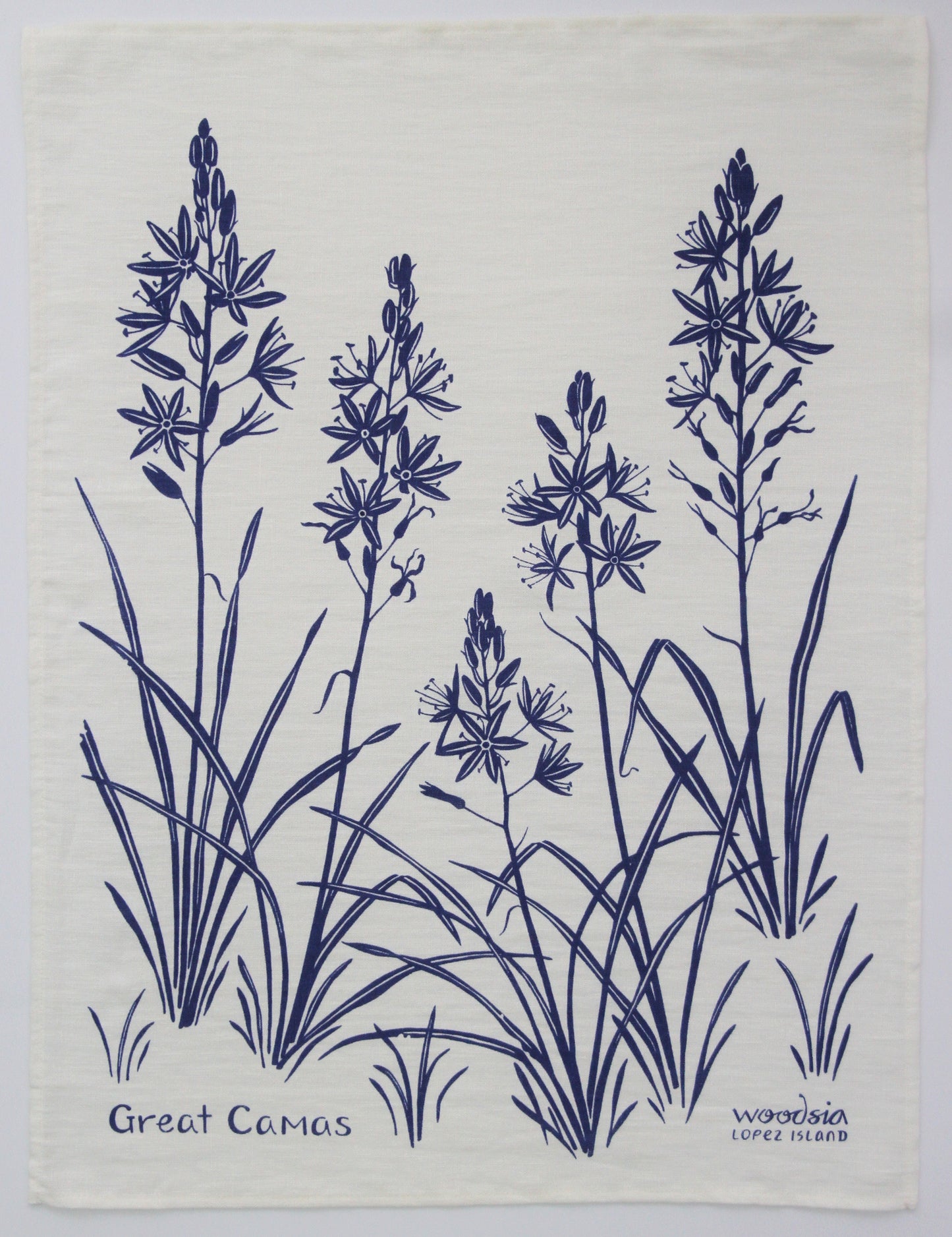 Camas Kitchen Towel in Purplish-Blue on White Linen