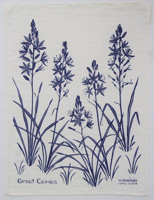 Camas Kitchen Towel in Purplish-Blue on White Linen