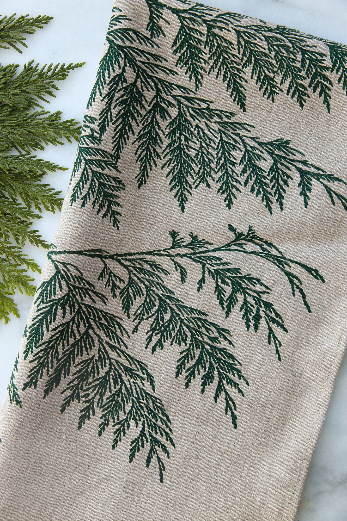 Cedar Kitchen Towel in Hunter Green on Natural Linen