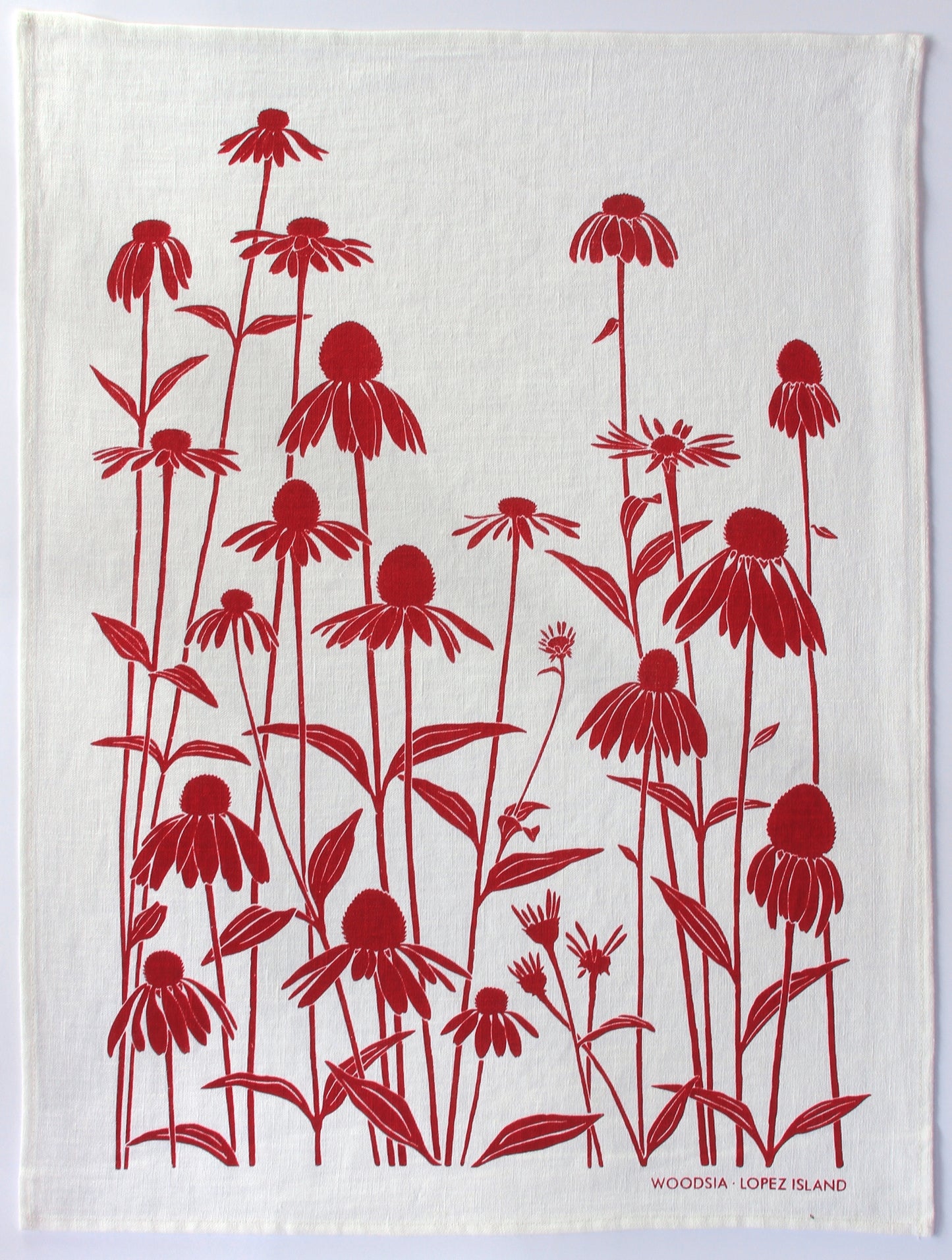 Echinacea Kitchen Towel in Raspberry on White Linen