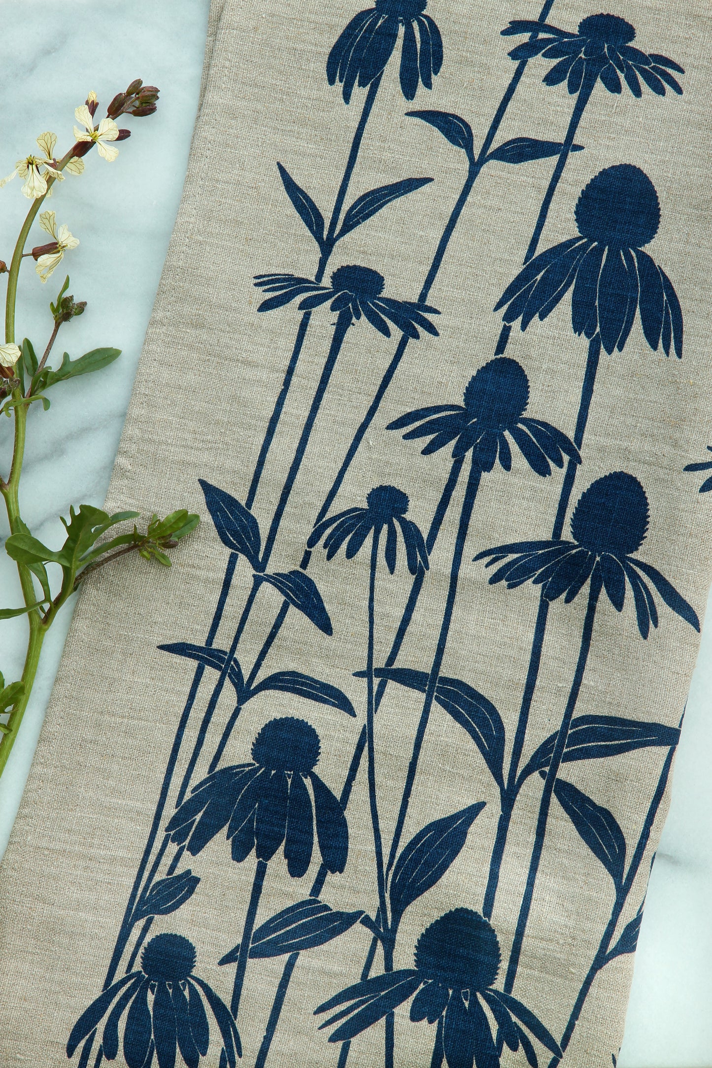 Echinacea Kitchen Towel in Navy on Natural Linen