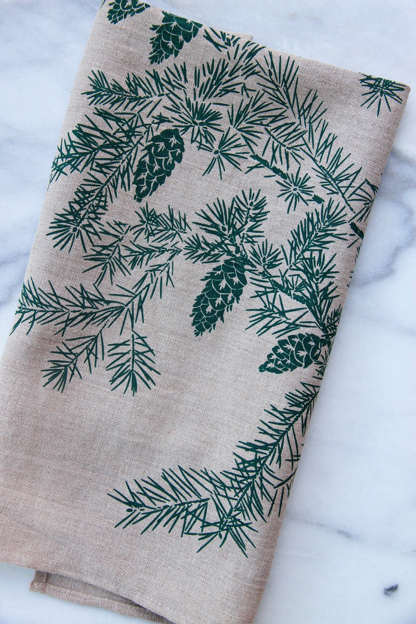 Douglas Fir Kitchen Towel in Hunter Green on Natural Linen