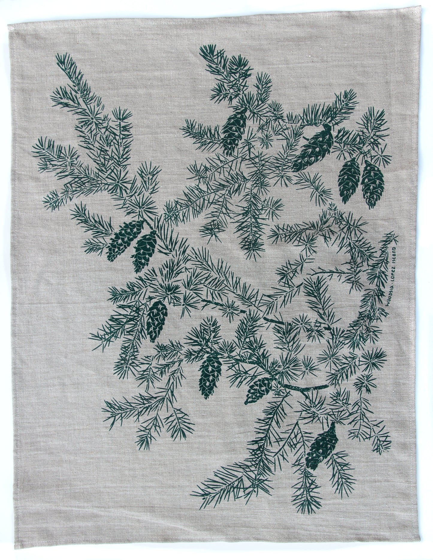 Douglas Fir Kitchen Towel in Hunter Green on Natural Linen