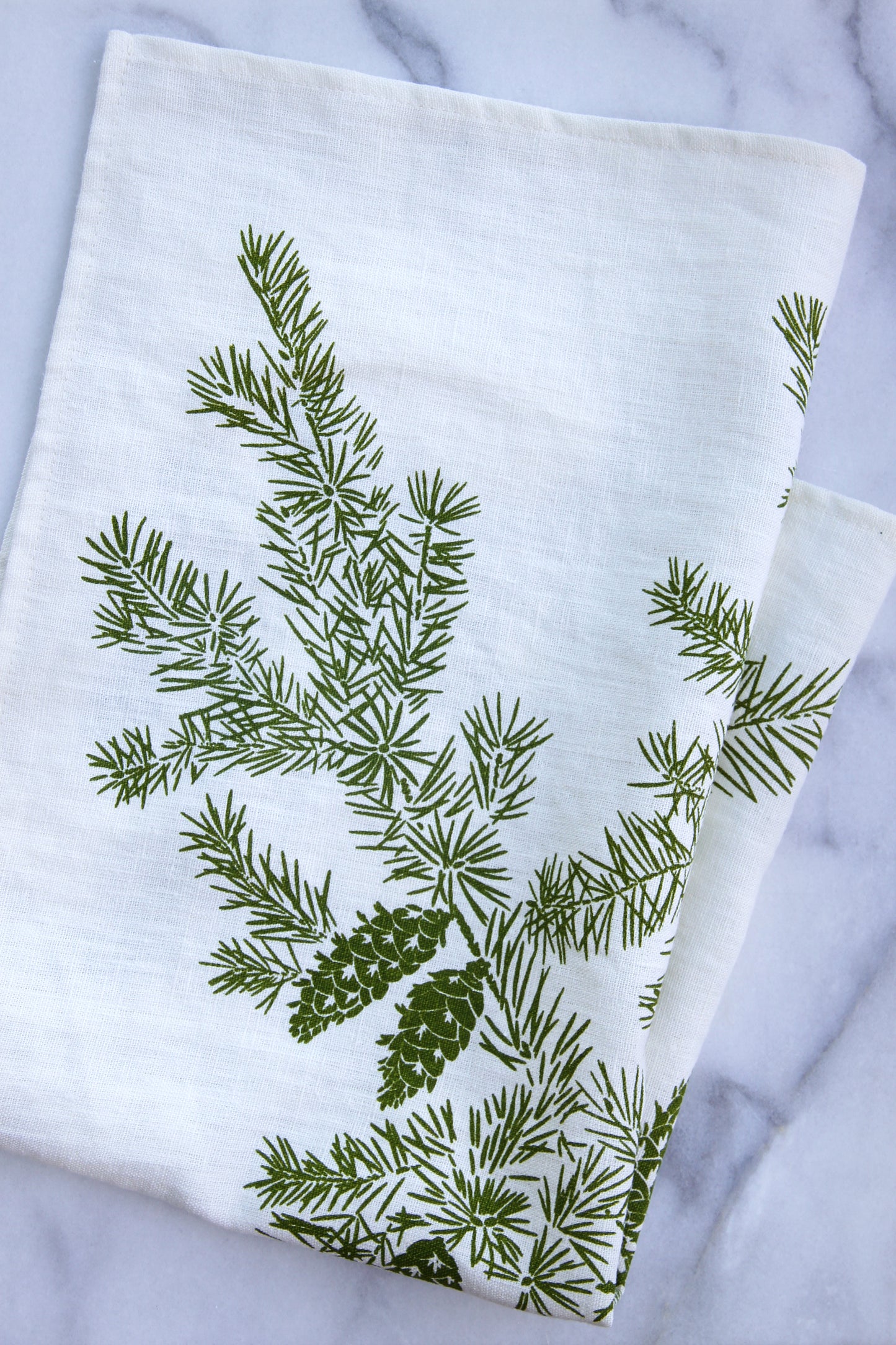 Douglas Fir Kitchen Towel in Sprig on White Linen