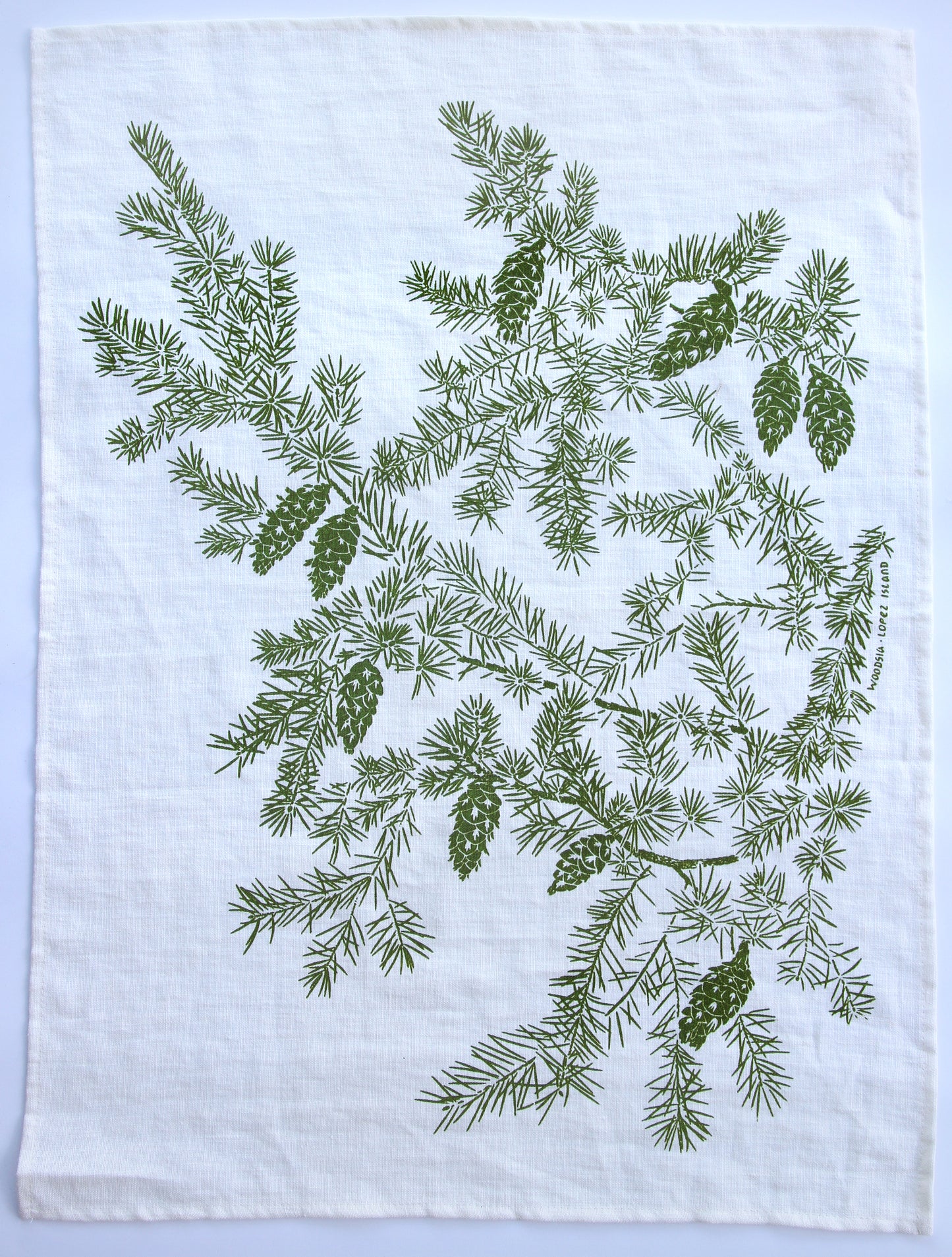 Douglas Fir Kitchen Towel in Sprig on White Linen