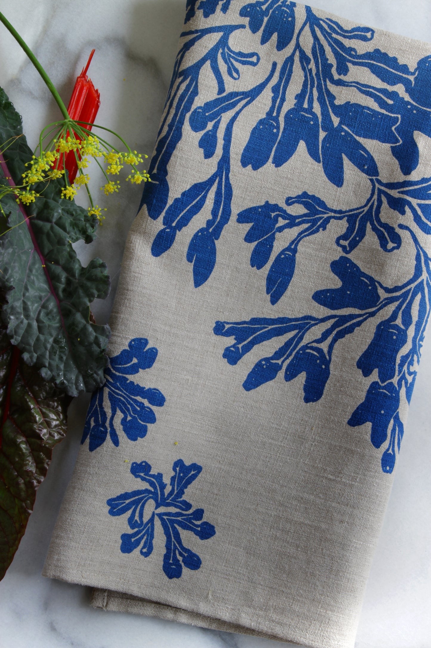 Seaweed Fucus Kitchen Towel in Larkspur on Natural Linen