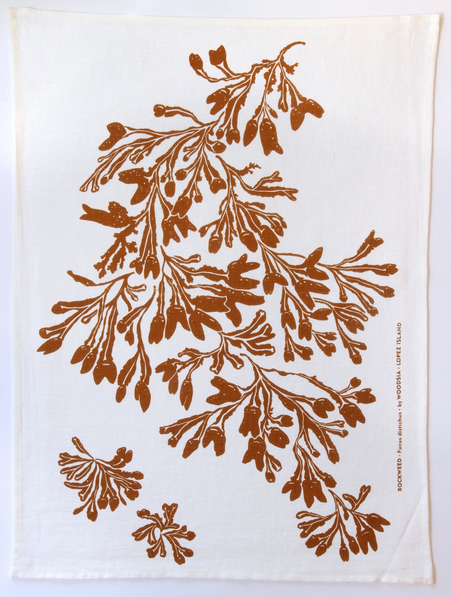 Seaweed Fucus Kitchen Towel in Ochre on White Linen