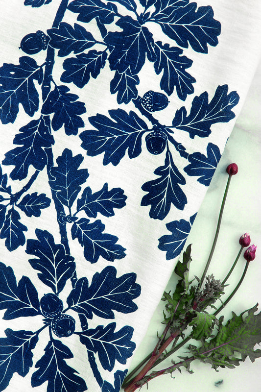 Garry Oak Kitchen Towel in Navy on White Linen