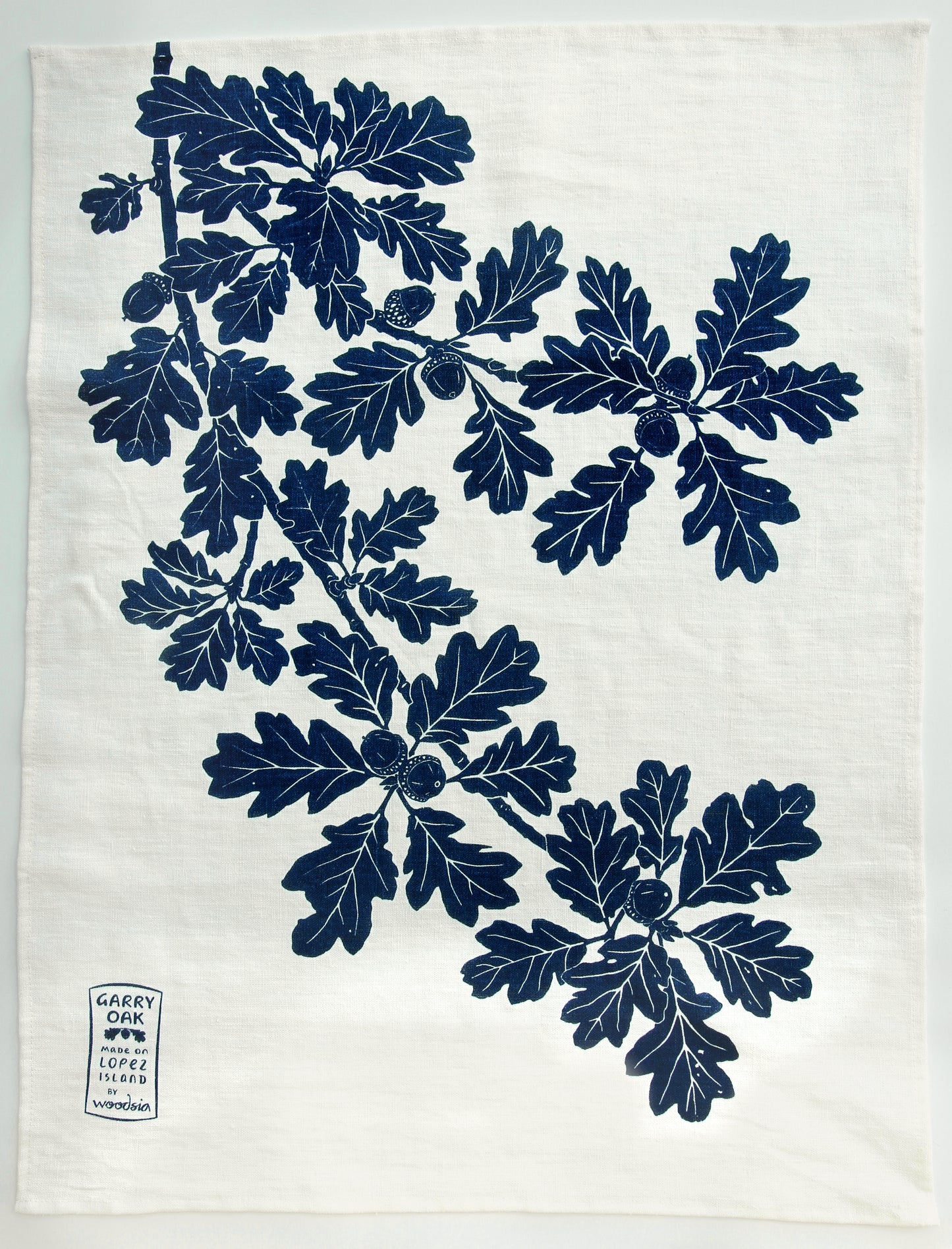 Garry Oak Kitchen Towel in Navy on White Linen