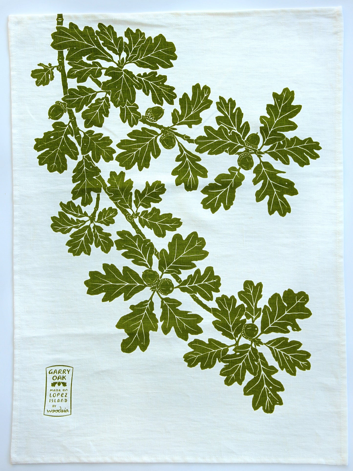 Garry Oak Kitchen Towel in Spring Green on White Linen