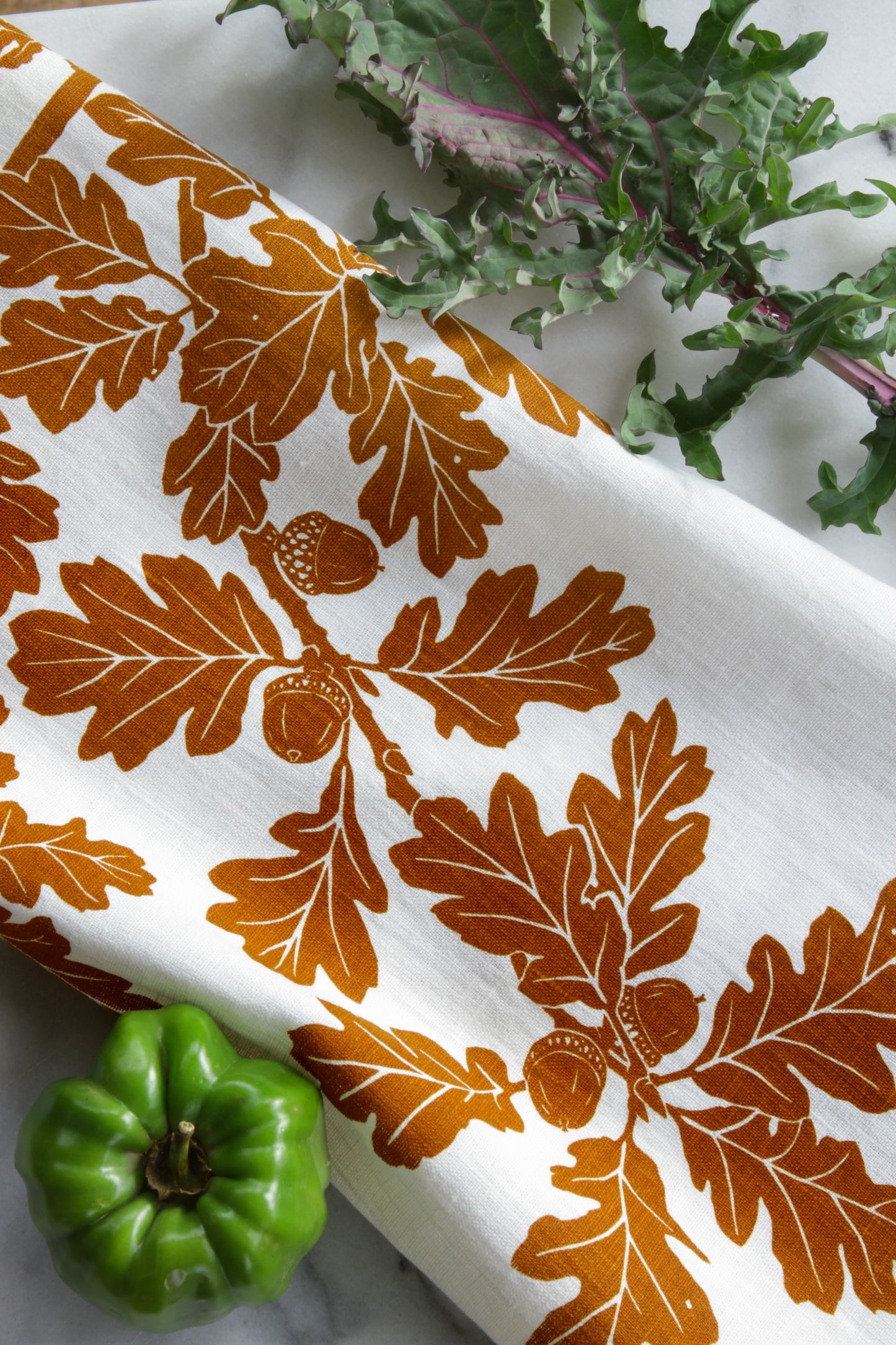 Garry Oak Kitchen Towel in Ochre on White Linen