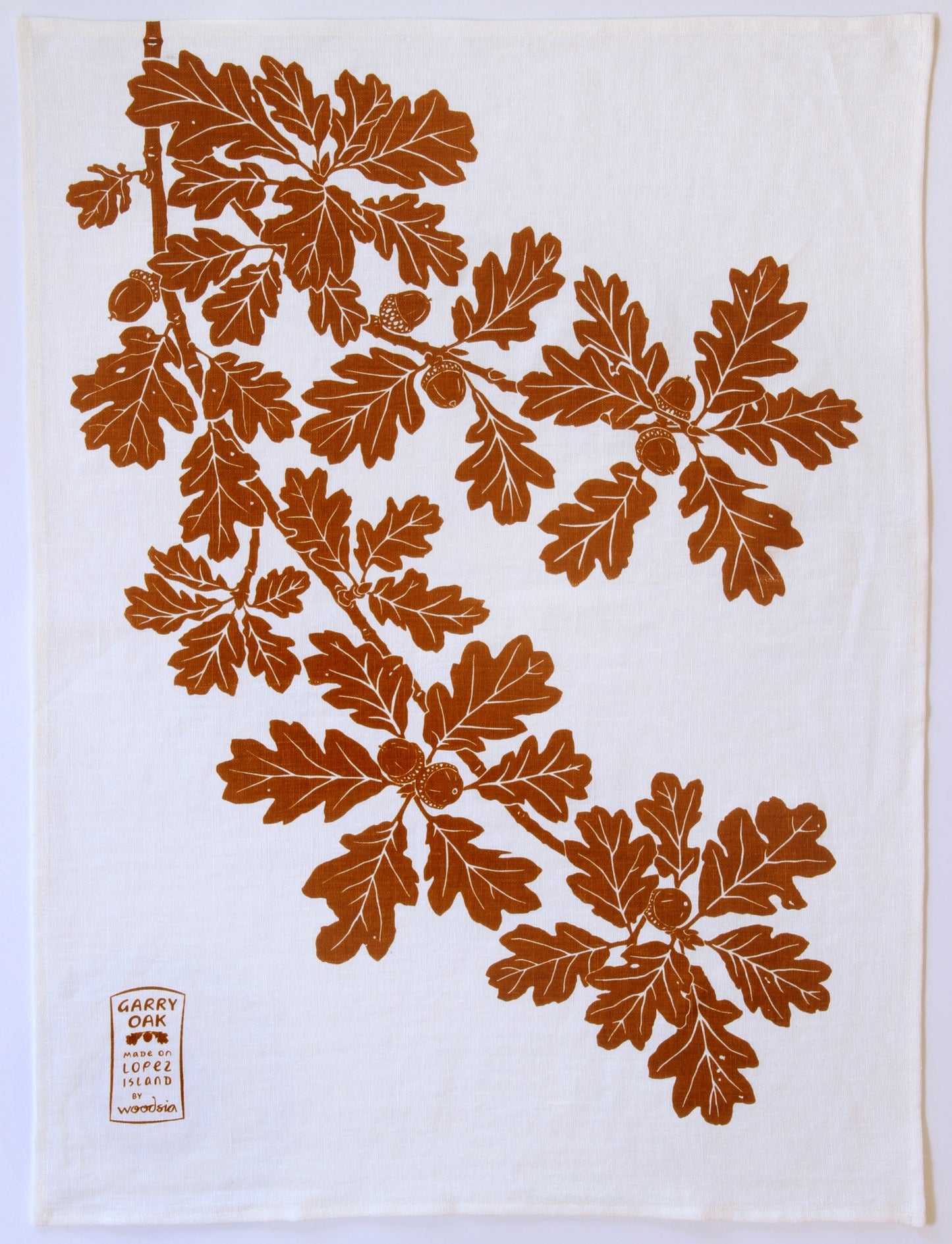 Garry Oak Kitchen Towel in Ochre on White Linen