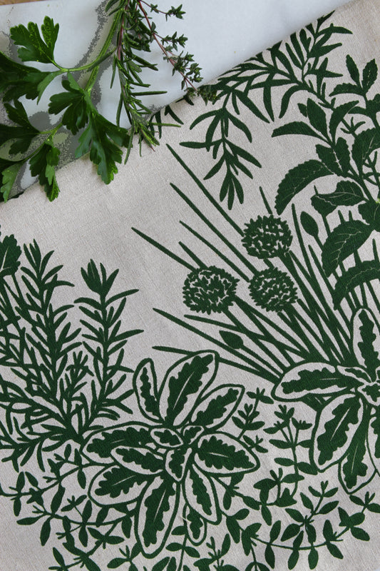 Herb Kitchen Towel in Leaf on Natural Linen