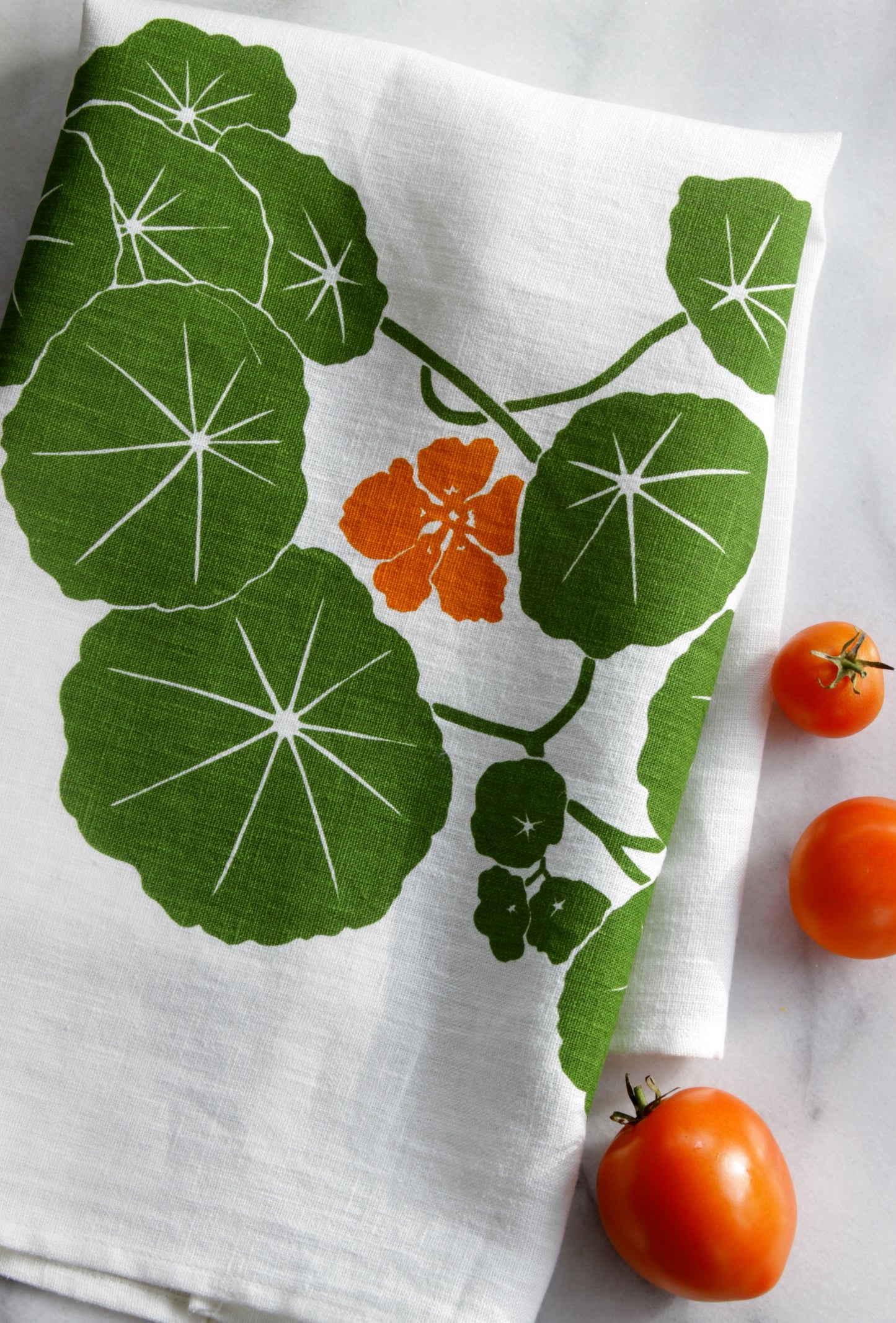 Nasturtium Kitchen Towel on White Linen
