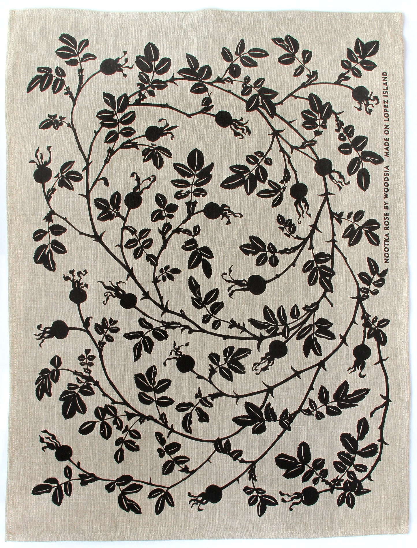 Nootka Rose Kitchen Towel in Black on Natural Linen