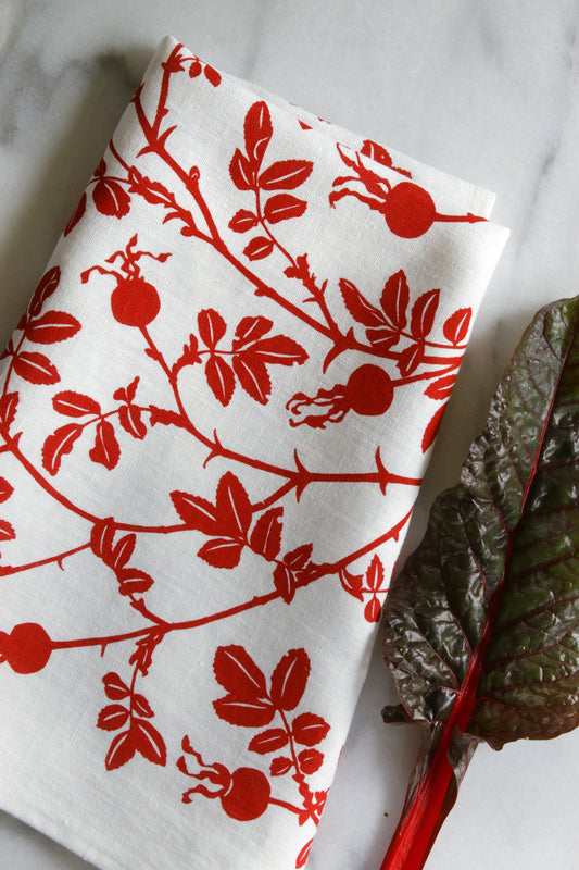 Nootka Rose Kitchen Towel in Red on White Linen