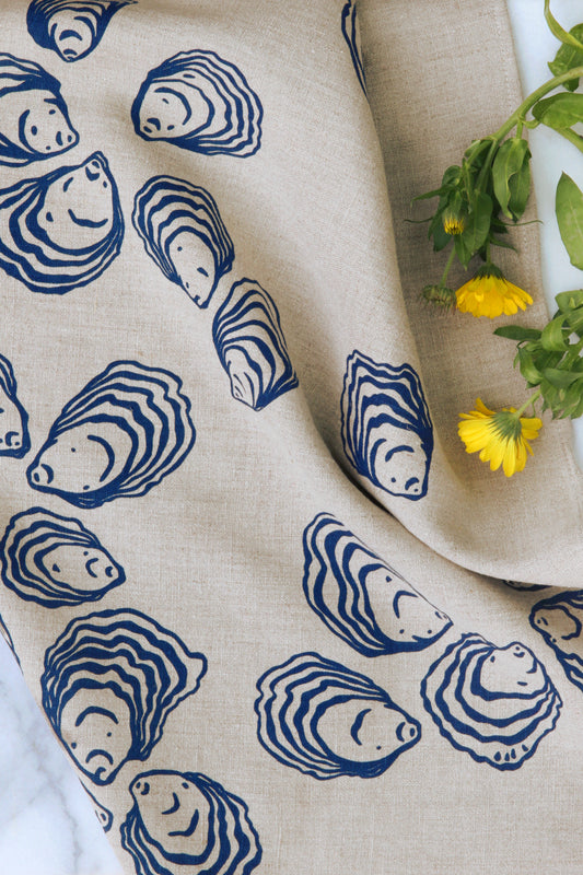 Oyster Kitchen Towel in Navy on Natural Linen