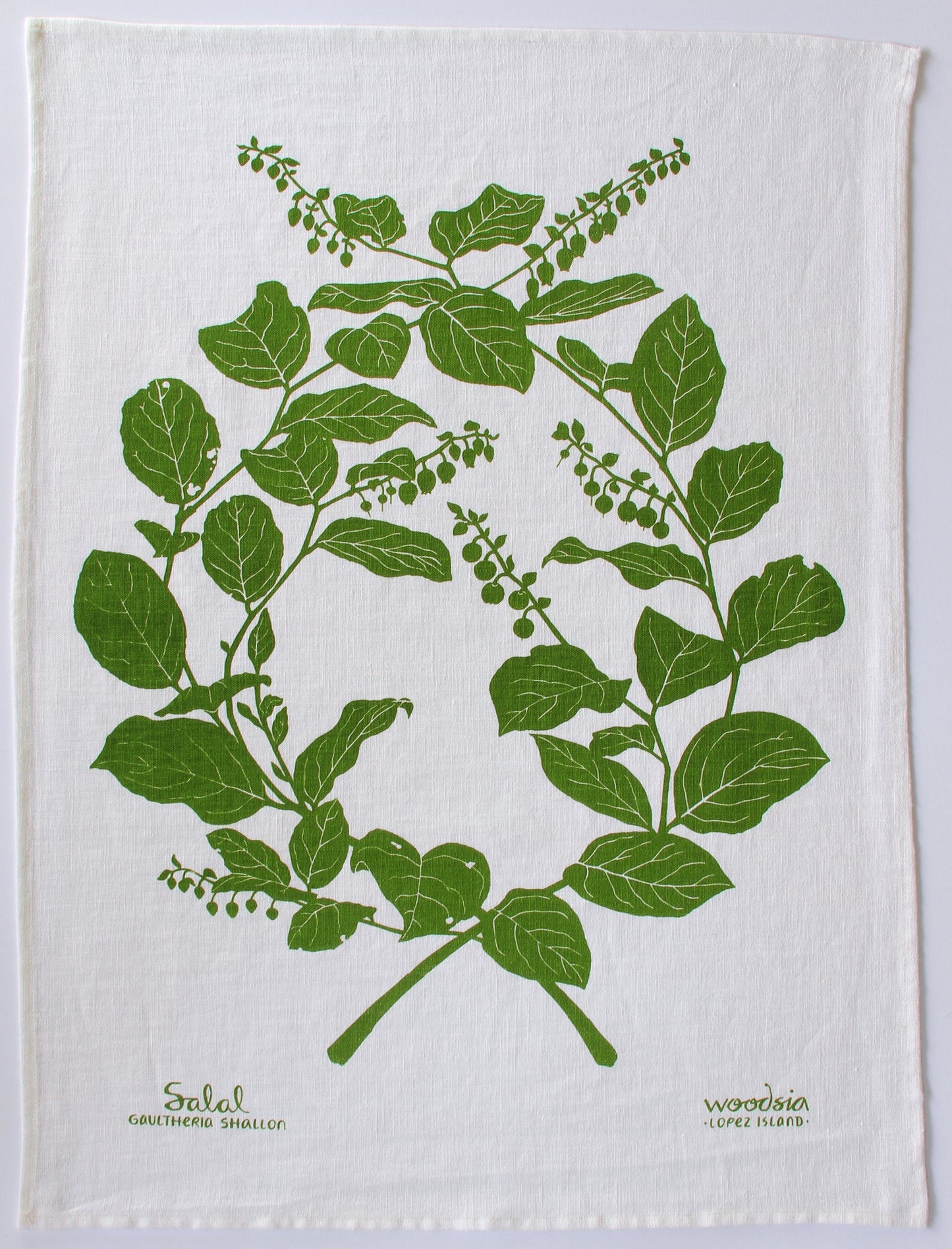Salal Kitchen Towel in Leaf on White Linen