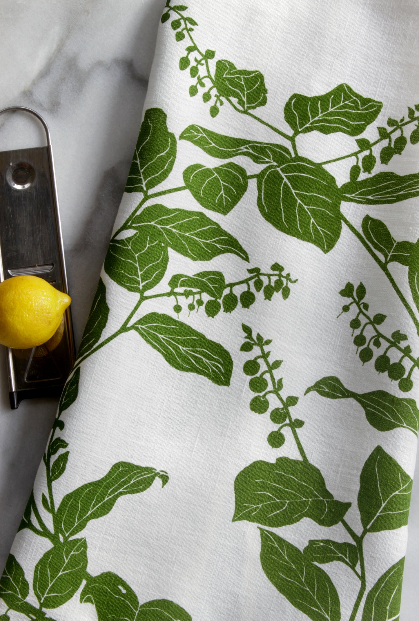 Salal Kitchen Towel in Leaf on White Linen