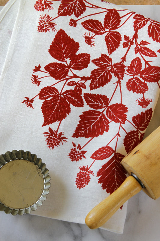 Salmonberry Kitchen Towel in Berry on White Linen