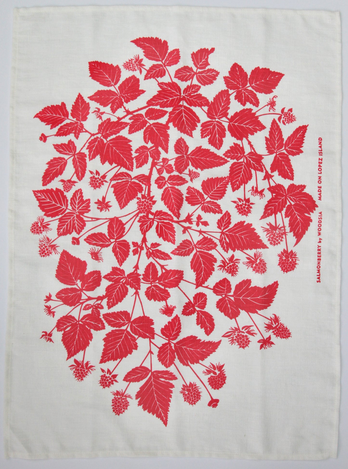 Salmonberry Kitchen Towel in Peony on White Linen